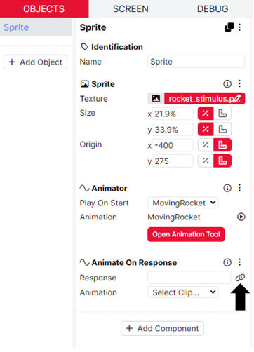 A screenshot of the game builder. The Animate on Response component is added to the Object. An arrow highlights the binding icon to the left of the component