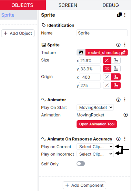 A screenshot of the game builder. The Animate on Response Accuracy component is added to the Object. The drop downmenus to animate on correct / incorrect responses are highlighted with arrows.