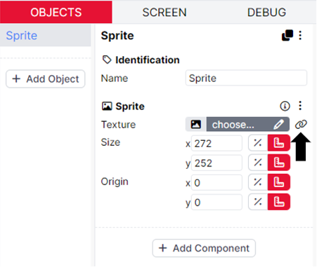 Screenshot of the Sprite settings in the Game Builder. An arrow highlight the binding button on the right-hand side.