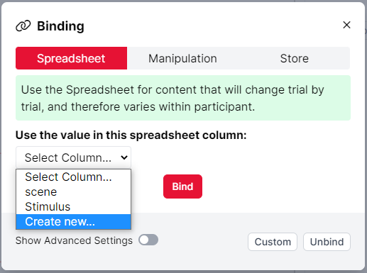 A screenshot of the binding window in the Game Builder. The dropdown list shows opetions of existing columns in the spreadsheet and the option to create a new spreadsheet column.