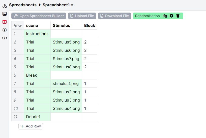 A screenshot of the spreadsheet in the Game Builder. Trials have been randomised by Block in the Preview.