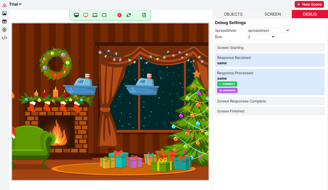 A screenshot of a Christmas Same / Different game. The debug tab is selected on the right-hand side. The spreadsheet and row 2 are selected in the debug settings. The sequence of screen progression is recorded with the response received and response processed recorded.