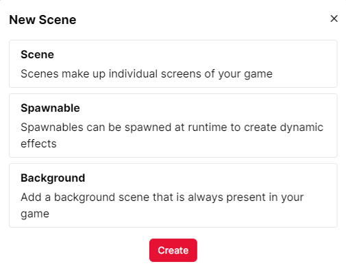 A screenshot of the pop-up menu after clicking New Scene. Three options are presented: either a Scene, Spawnable, or Backdrop
