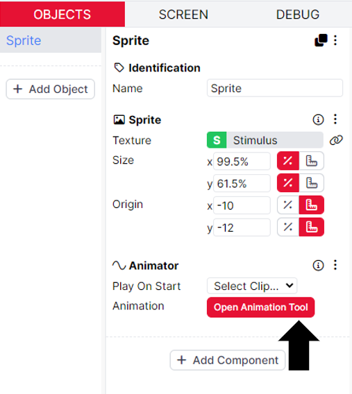 A screenshot of the Objects tab in the Game Buider. The object has Sprite and Animator components. An arrow highlights the red Open Animation Tool button within the Animator component.