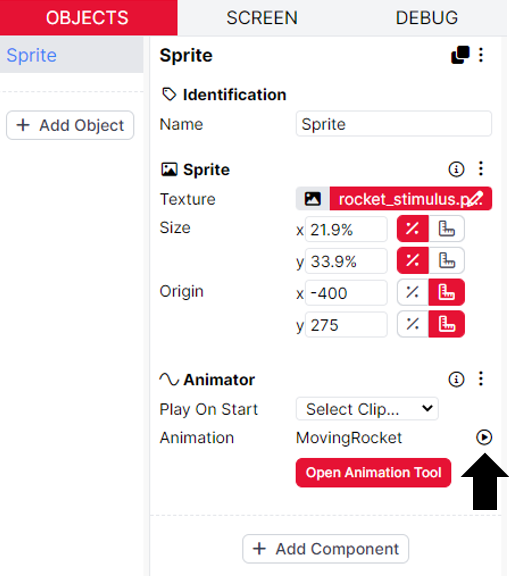 A screenshot of the Object Editor in the game builder. The play button next to the MovingRocket animation in the Animator in the Animation component, is highlighted with an arrow.
