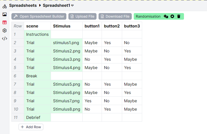 A screenshot of the spreadsheet within the Game Builder. The columns selected within the component have been randomised across the trial rows.