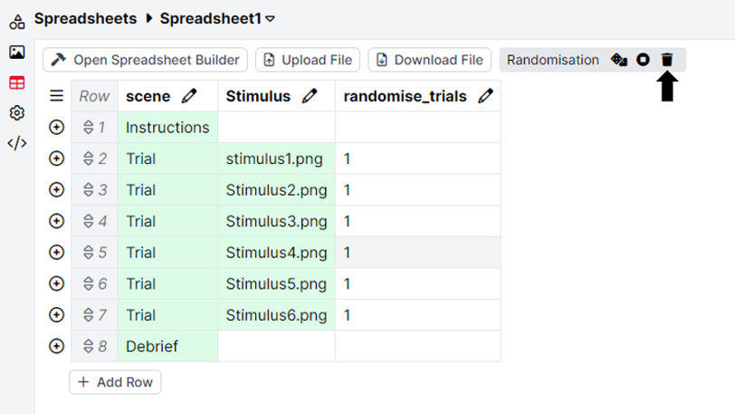 A screenshot of the spreadsheet randomisation. An arrow highlights the Remove Randomisation button.