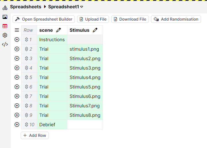 A screenshot of the spreadsheet tab within the Game Builder. The cells are highlighted green and contain the names of stimulus filenames.
