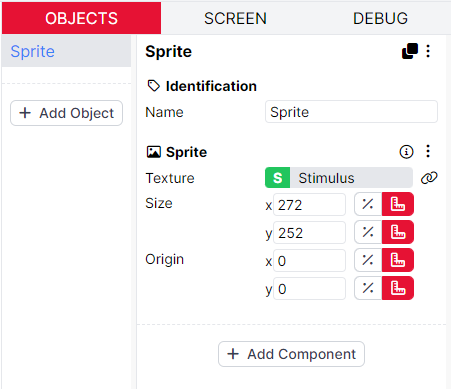 Screenshot of the Sprite settings in Game Builder now that it is bound to the spreadsheet. The field reads 'Stimulus' with a greeen S to the left