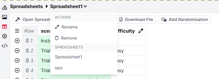 A screenshot of the spreadsheet in the game builder. The dropdown menu is open, and showing the two spreadsheets in the game 'Spreadsheet1' and 'test'.