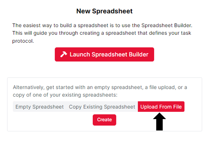 Screenshot of the New Spreadsheet screen. 'Upload From File' is selected and highlighted with an arrow.