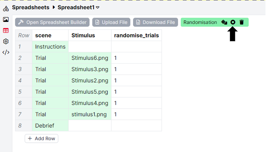 A screenshot of the spreadsheet tab in randomisation preview mode. An arrow highlights the Stop Randomisation Preview button.
