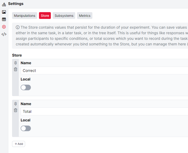 Screenshot of the Settings tab with Store selected, showing Store fields with 'Local' switch set to off