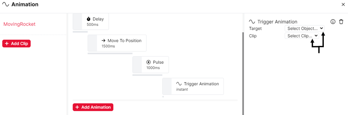 A screenshot of the animation tool in the game builder. The trigger animation has been added. Two arrows higlight the Target and Clip dropdown menus in the Animation Editor panel.