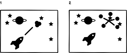 Schematic example of two scenes within a game. The first scene illustrates a rocket firing a laser. The second scene shows the laser hitting an exploding asteroid.