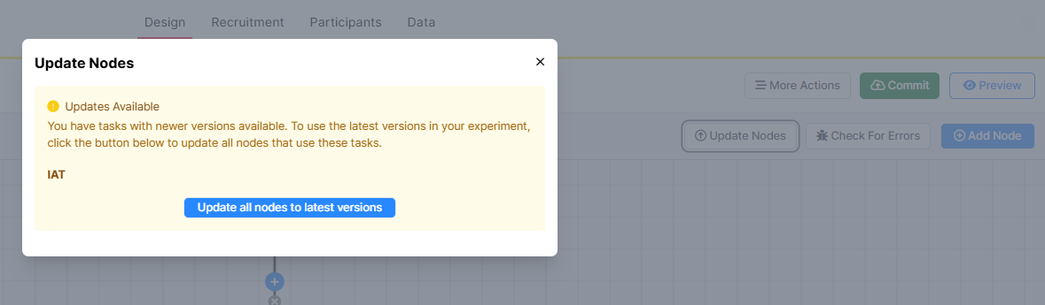 A screenshot of the new experiment builder when the Update Nodes button has been clicked. A modal shows which nodes can be updated.