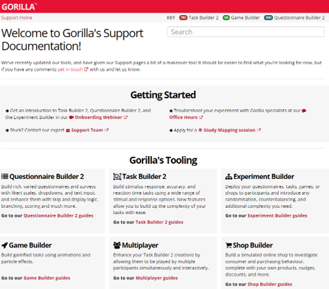 A screenshot of the support homepages.