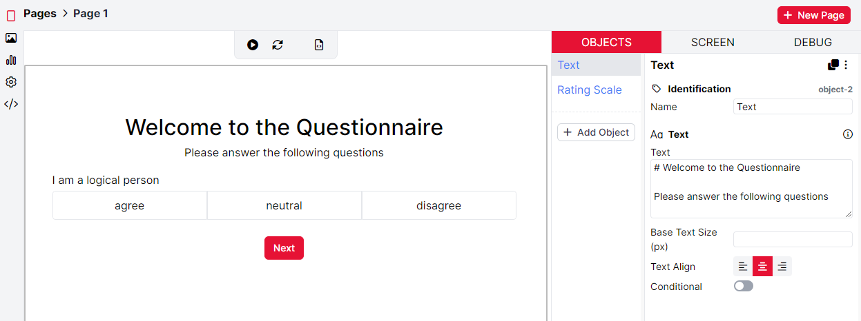 A screenshot of a sample questionnaire built in the questionnaire builder.