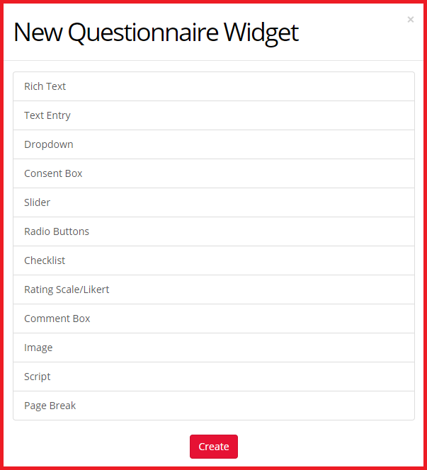 List of questionnaire widgets (e.g. Dropdown, Radio Buttons) to choose from