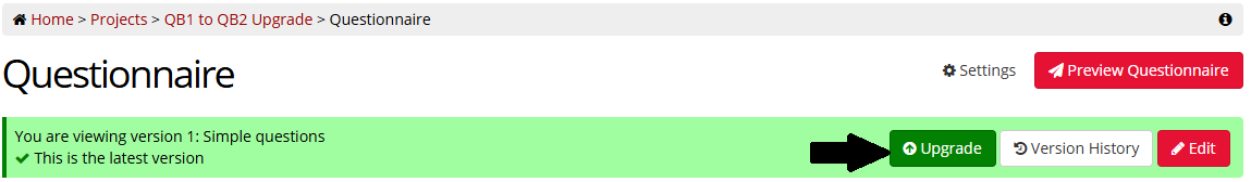 Screenshot of Questionnaire Builder 1 with an arrow pointing to the 'Upgrade' button