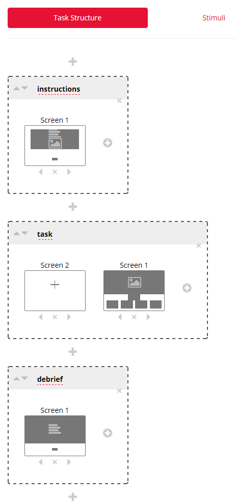 Instructions display with one screen, task display with two screens, and debrief display with one screen