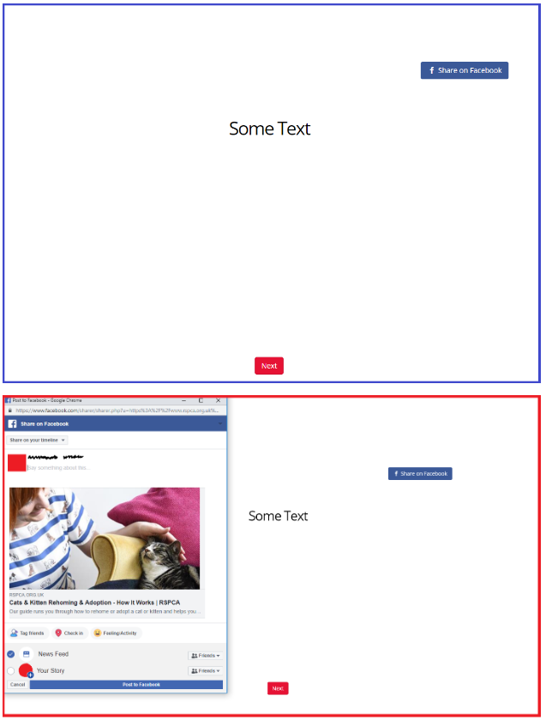 Screenshot of a page from a task with the Share on Facebook button displayed at the top right and a screenshot of the popup Facebook window that appears when the Share on Facebook button is clicked