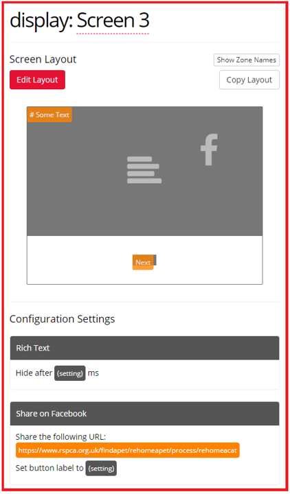 Screenshot of the Share on Facebook Zone and configuration settings in the Task Builder