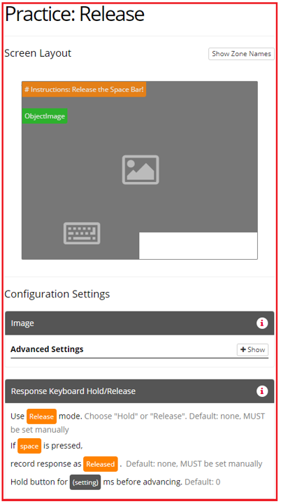 Screenshot of the Keyboard Hold/Release Zone in Release mode and configuration settings in the Task Builder