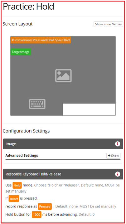 Screenshot of the Keyboard Hold/Release Zone in Hold mode and configuration settings in the Task Builder