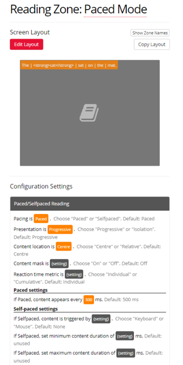 Screenshot of the Reading Zone set up in Paced Mode with configuration settings in the Task Builder