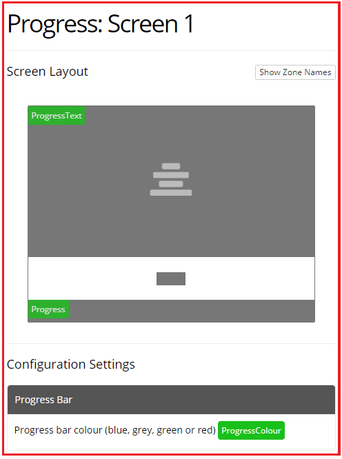 Screenshot of the Progress Bar Zone and configuration settings in the Task Builder