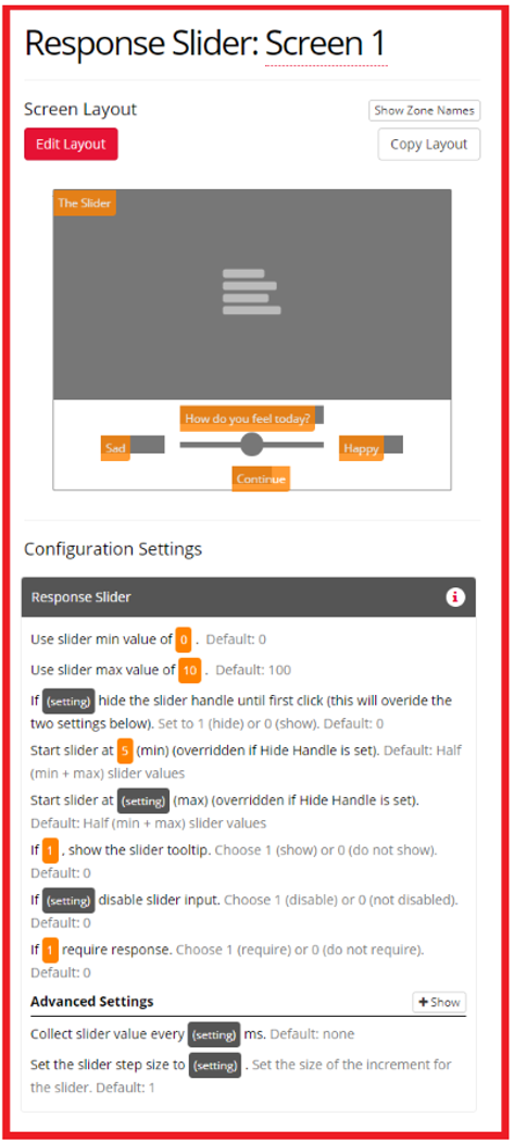 Screenshot of the Response Slider Zone and configuration settings in the Task Builder
