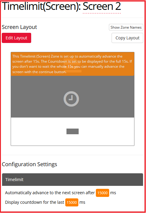 Screenshot of the Timelimit (Screen) Zone and configuration settings in the Task Builder