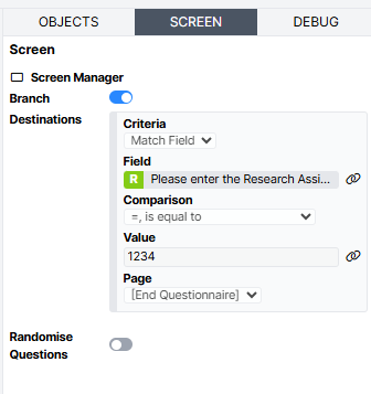 A screenshot of the branching used on Page 2 of the Video interview example. Participants who respond with 1234 immediately end the questionnaire.