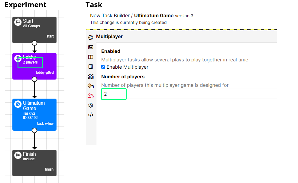 Screenshots of the Lobby node with 2 players specified in the settings and a multiplayer task with Number of players set to 2