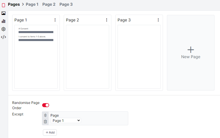 When in the page view, you can select to randomise pages and make exceptions to these