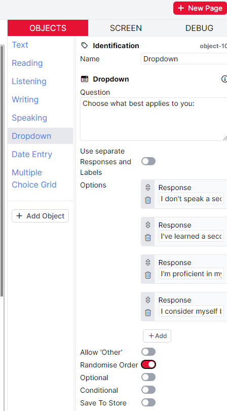 When in the Object tab of your page, you can select to randomise response options for individual objects