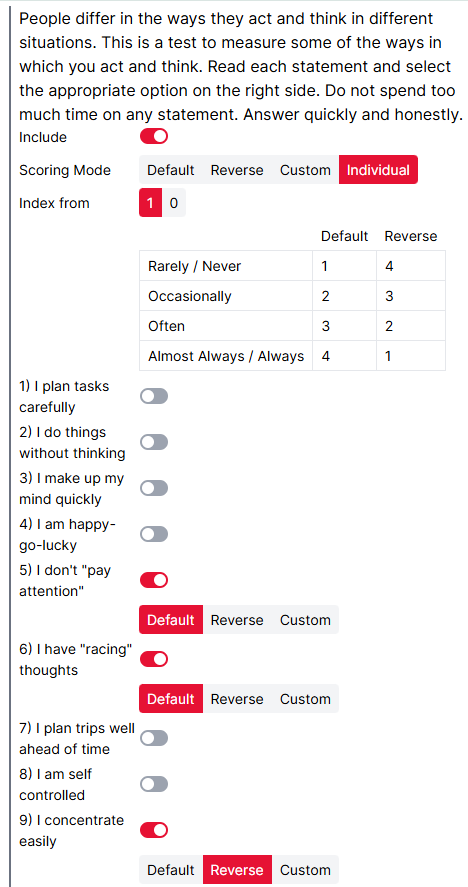 Screenshot of scoring in Individual mode for the BIS, showing questions 1-5 not included, questions 5-6 scored in Default mode, and question 9 scored in Reverse mode