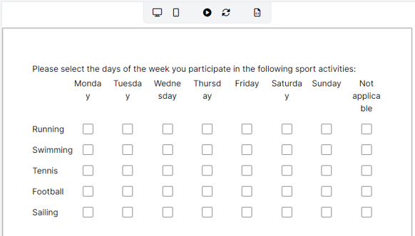 A screenshot of a Multiple Choice Grid component where the response options are broken across two lines.