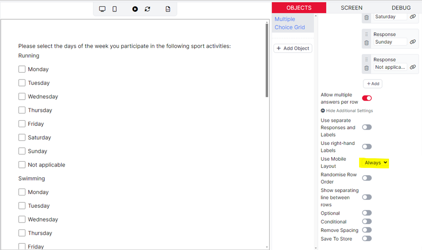 A screenshot of the same Multiple Choice Grid component, the Mobile Layout setting is set to Always and highlighted.