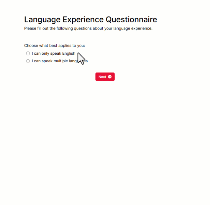 Screenshot of 'do you play an instrument' question with Yes selected. Followup question appears below