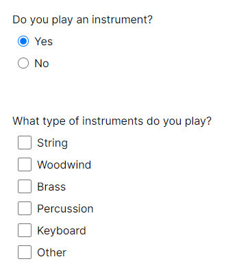 Screenshot of 'do you play an instrument' question with Yes selected. Followup question appears below