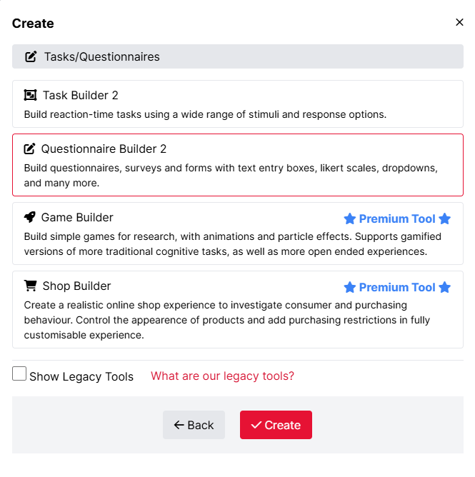 A screenshot of the Create Menu, Questionnaire Builder 2 has been selected.