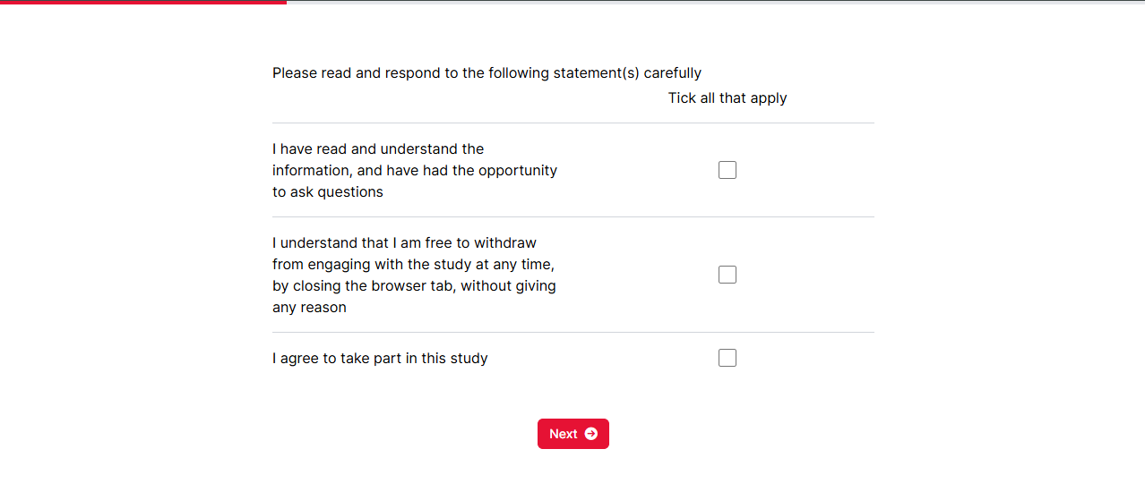 Screenshot of a Progress Bar in a questionnaire indicating that the participant is 1/4 of the way through
