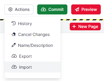 Screenshot of the Actions menu at the top-right of Questionnaire Builder 2, with Import highlighted