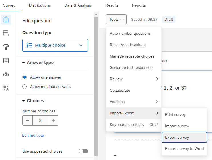 Screenshot of the Qualtrics interface showing Export survey option under Import/Export in Tools menu