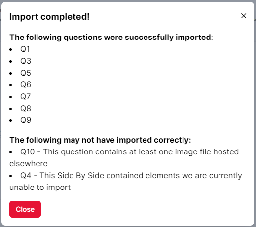 Screenshot of the 'Import completed!' window, with questions listed as successfully imported or not