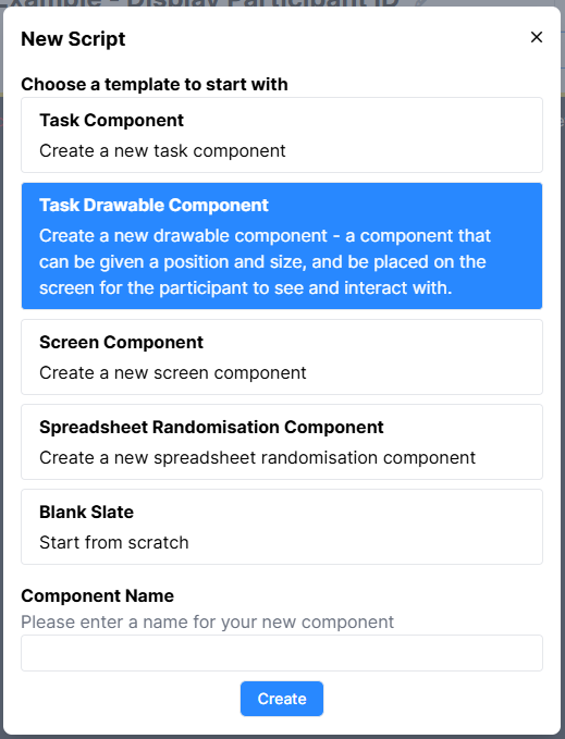 New script panel showing the Task Drawable Component template selected