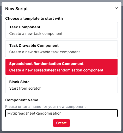 Image showing a new script panel with the Spreadsheet Randomisation Component template selected and the name MySpreadsheetRandomisation in the name box