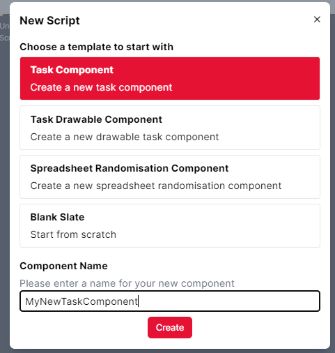 New script panel showing the Task Component template selected and the name MyNewTaskComponent in the name box